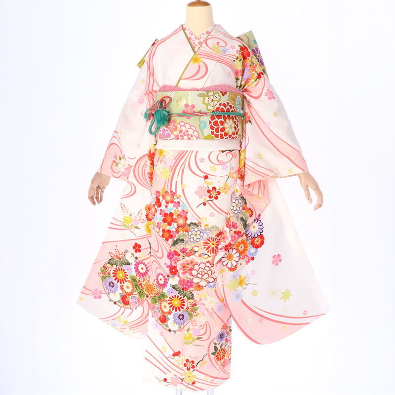 振袖：R1508 白 流水花の丸鴛鴦│ 振袖レンタル │ 京都着物レンタル夢館