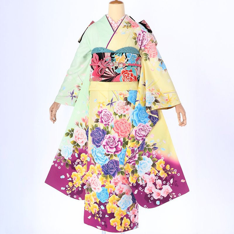 振袖：R1517 黄色黄緑 薔薇と蘭│ 振袖レンタル │ 京都着物レンタル夢館