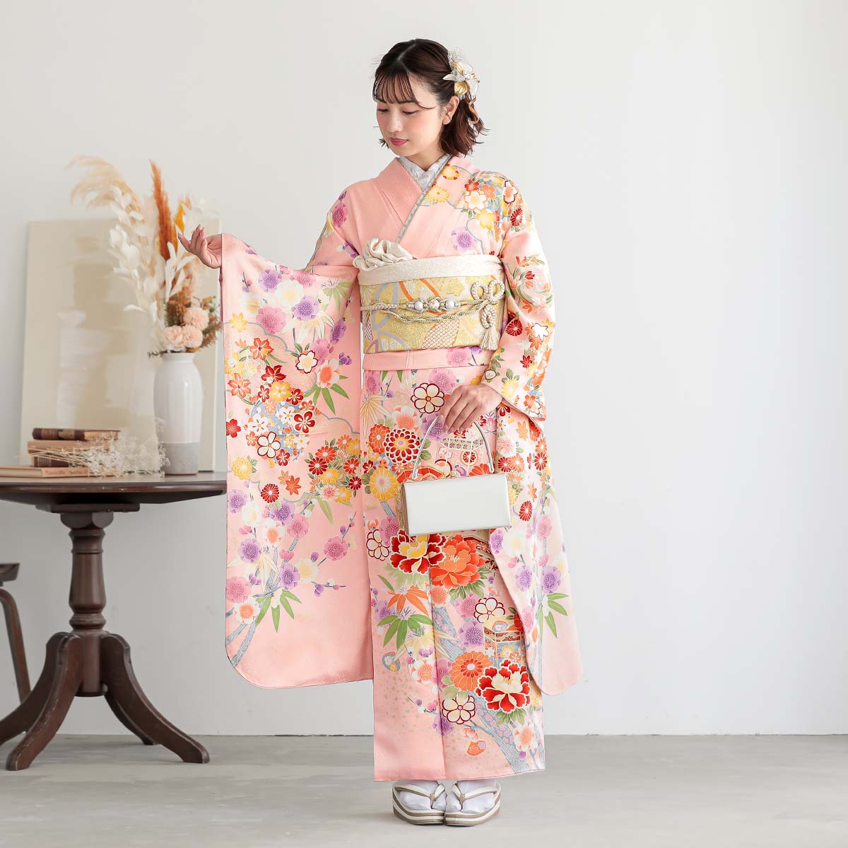 振袖：R1528 ピンク 貝桶に牡丹菊☆(絹)│ 振袖レンタル │ 京都着物