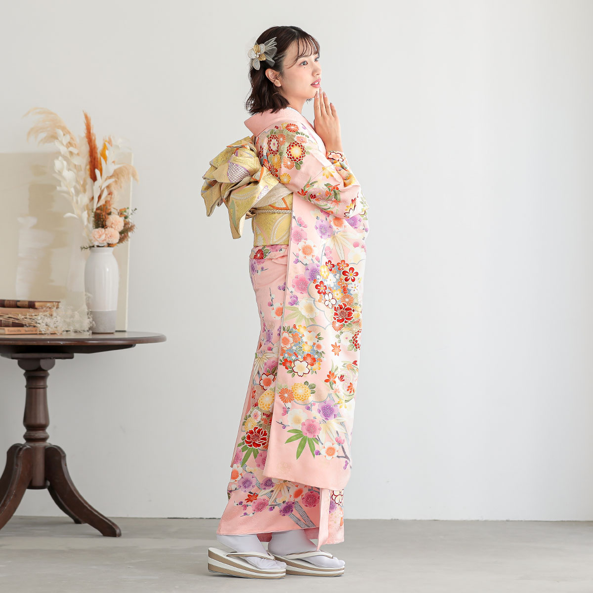 振袖：R1528 ピンク 貝桶に牡丹菊☆(絹)│ 振袖レンタル │ 京都着物