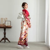 arisana 赤色花柄着物 150cm 襟芯&コーリンベルト付 振袖：R1530 白赤 束熨斗花☆(絹)│ 振袖レンタル │ 京都着物レンタル夢館