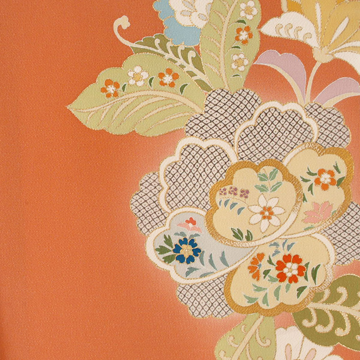 金彩　付け下げ　花紋　唐花模様　花模様　着物　015b p 訪問着 金彩花模様 | Heritage Japon