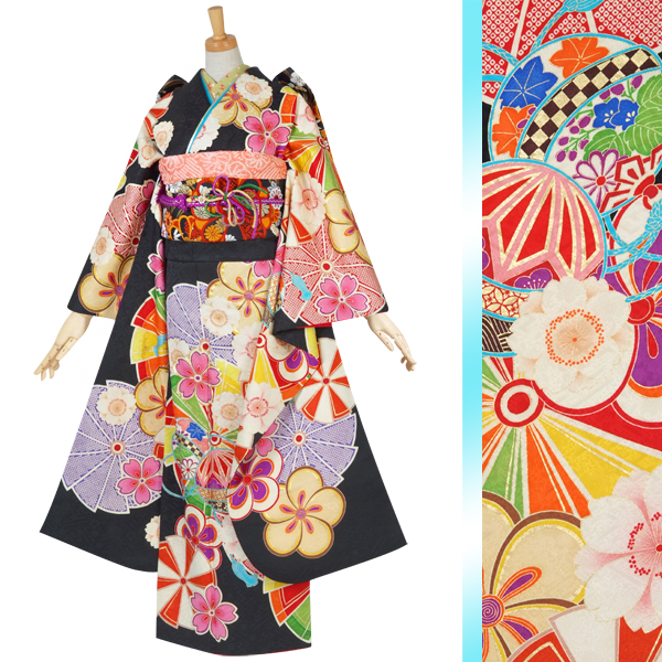 振袖：R1560 紅一点 黒 花に鈴・風車(絹)│ 振袖レンタル │ 京都着物