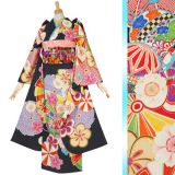 振袖：R1560 紅一点 黒 花に鈴・風車(絹)│ 振袖レンタル │ 京都着物