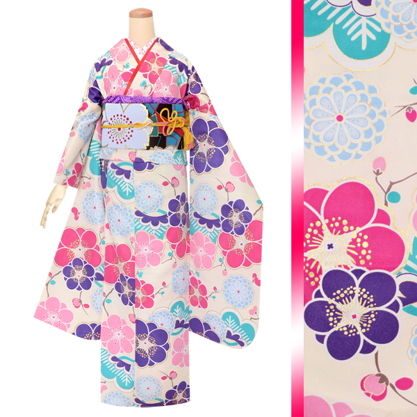 振袖：R1595 和遊日 ベージュ 梅菊松│ 振袖レンタル │ 京都着物