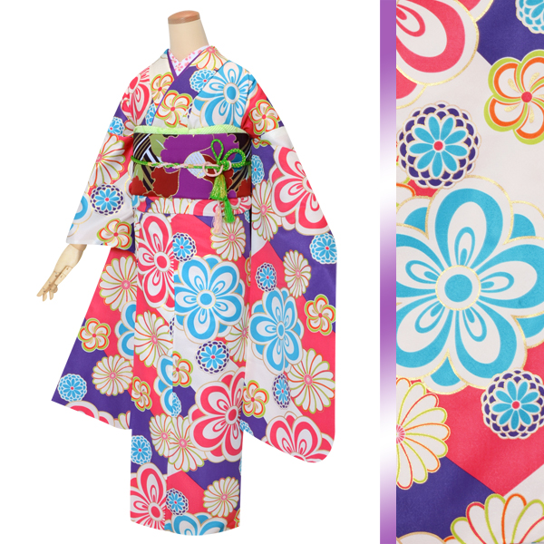 振袖：R1596 和遊日 ベージュ×ピンク×紫 梅菊│ 振袖レンタル │ 京都