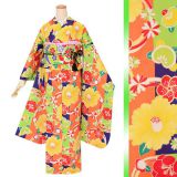 振袖：R1597 和遊日 オレンジ×黄緑×紫 椿橘梅菊│ 振袖レンタル