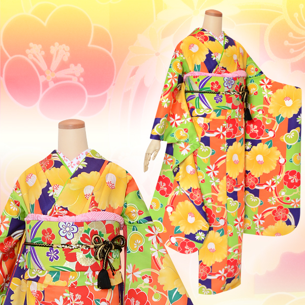 振袖：R1597 和遊日 オレンジ×黄緑×紫 椿橘梅菊│ 振袖レンタル