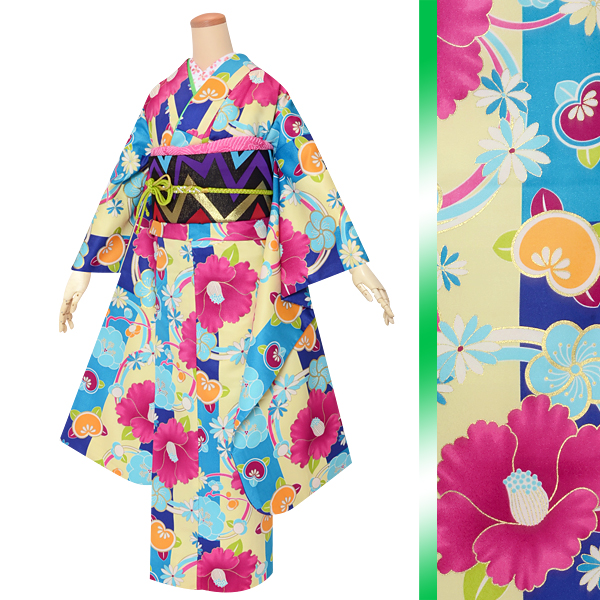 振袖：R1598 和遊日 水色×黄色 花の丸椿梅菊橘│ 振袖レンタル │ 京都 