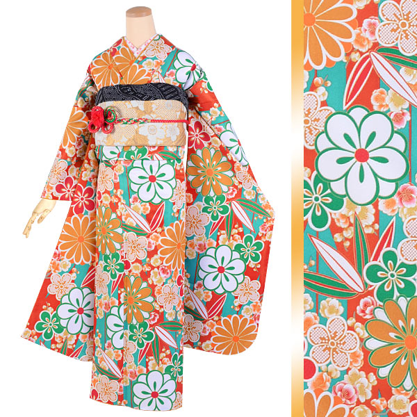 振袖：R1614 橙色 梅・菊・笹・桜│ 振袖レンタル │ 京都着物レンタル夢館