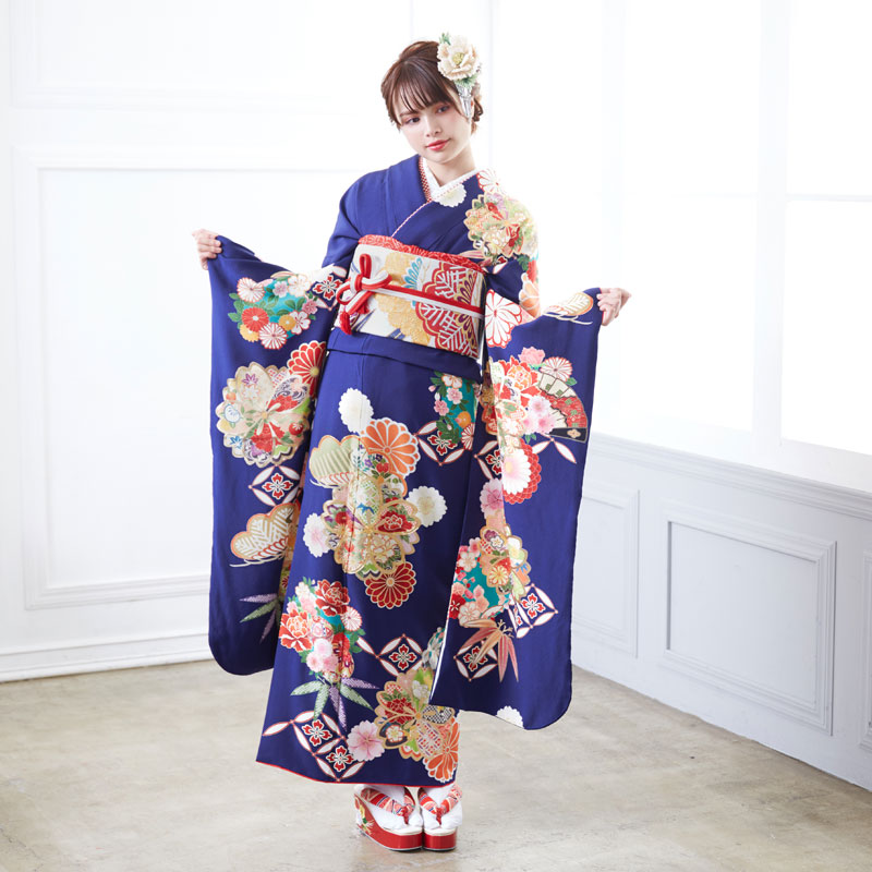 振袖：R1621 紺 松笹に桜と菊☆(絹)│ 振袖レンタル │ 京都着物