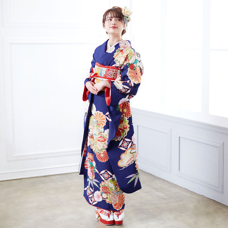 振袖：R1621 紺 松笹に桜と菊☆(絹)│ 振袖レンタル │ 京都着物