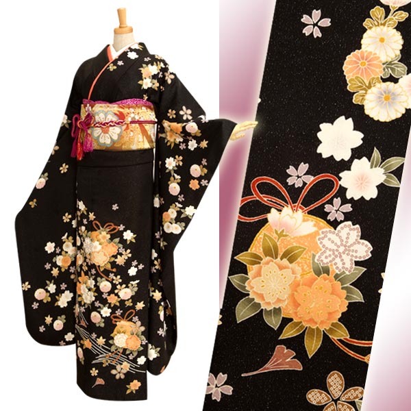 振袖：R168 黒 オレンジくす玉☆(絹)│ 振袖レンタル │ 京都着物