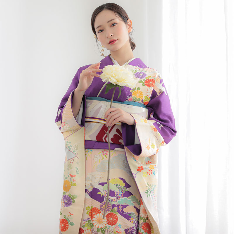 振袖：R1738 紫 花に飛鶴と扇☆（絹）│ 振袖レンタル │ 京都着物