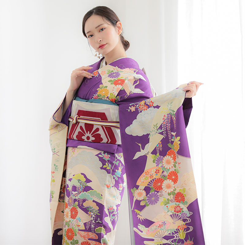振袖：R1738 紫 花に飛鶴と扇☆（絹）│ 振袖レンタル │ 京都着物