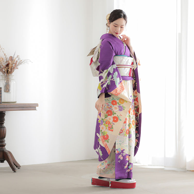 振袖：R1738 紫 花に飛鶴と扇☆（絹）│ 振袖レンタル │ 京都着物