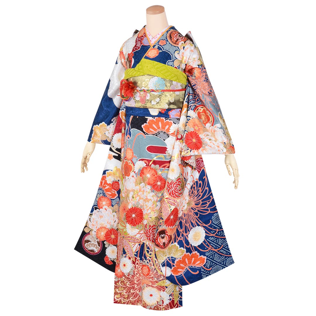 振袖：R1753 【訳あり】青 雪輪に糸菊（絹）(R1847)│ 振袖レンタル