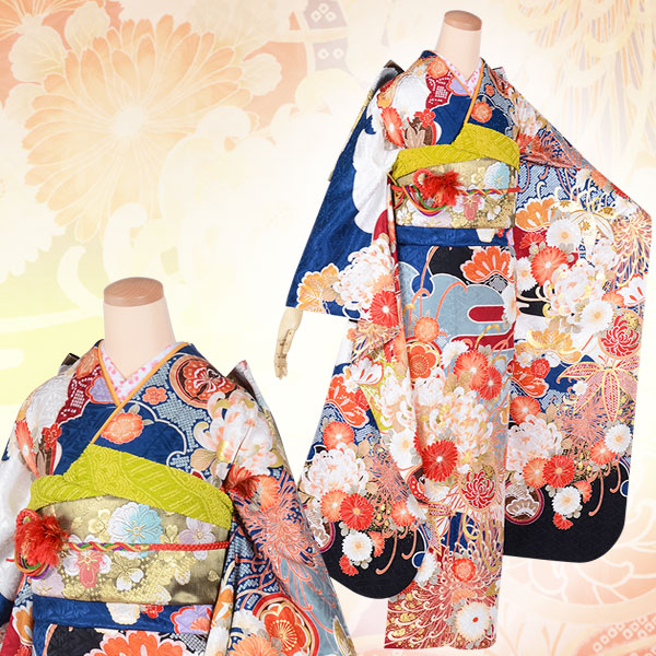 振袖：R1753 【訳あり】青 雪輪に糸菊（絹）(R1847)│ 振袖レンタル