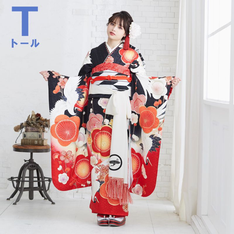 振袖：R1755 黒 梅に鶴☆(絹)(R1921)│ 振袖レンタル │ 京都着物