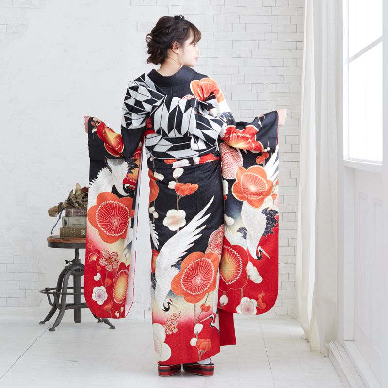振袖：R1755 黒 梅に鶴☆(絹)(R1921)│ 振袖レンタル │ 京都着物