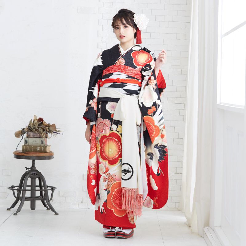 振袖：R1755 黒 梅に鶴☆(絹)(R1921)│ 振袖レンタル │ 京都着物