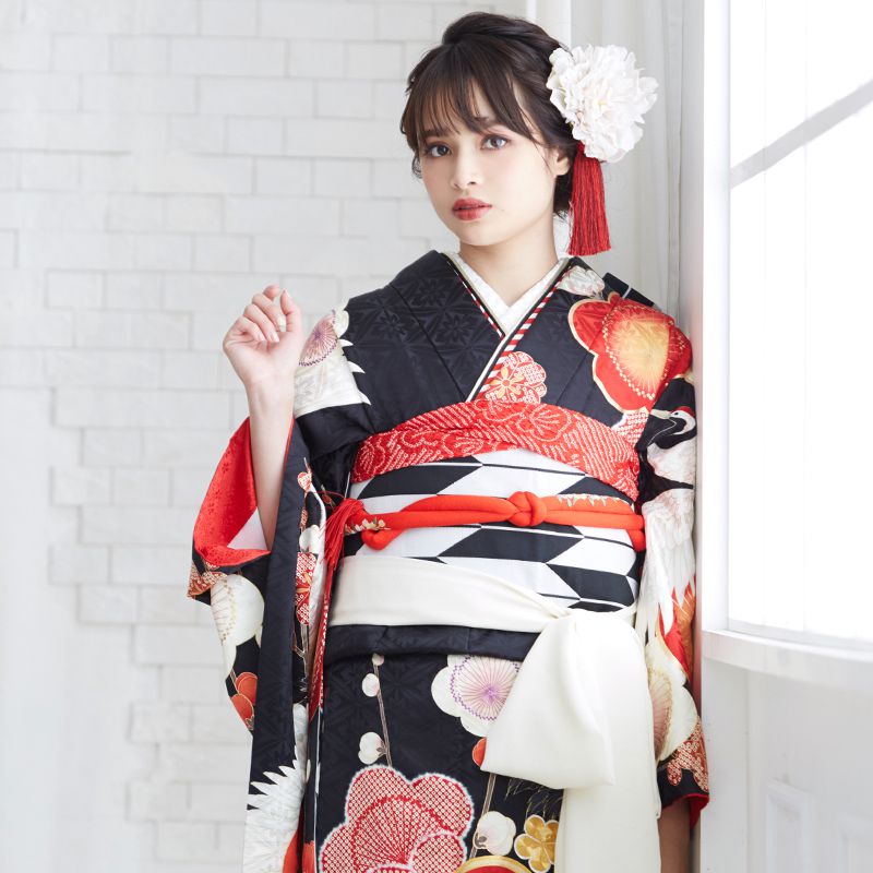 振袖：R1755 黒 梅に鶴☆(絹)(R1921)│ 振袖レンタル │ 京都着物