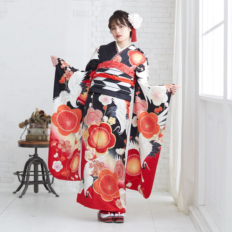 振袖：R1755 黒 梅に鶴☆(絹)(R1921)│ 振袖レンタル │ 京都着物