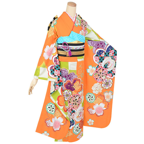 振袖：R1772 橙色 花と鶴☆（絹）(R1771)│ 振袖レンタル │ 京都着物