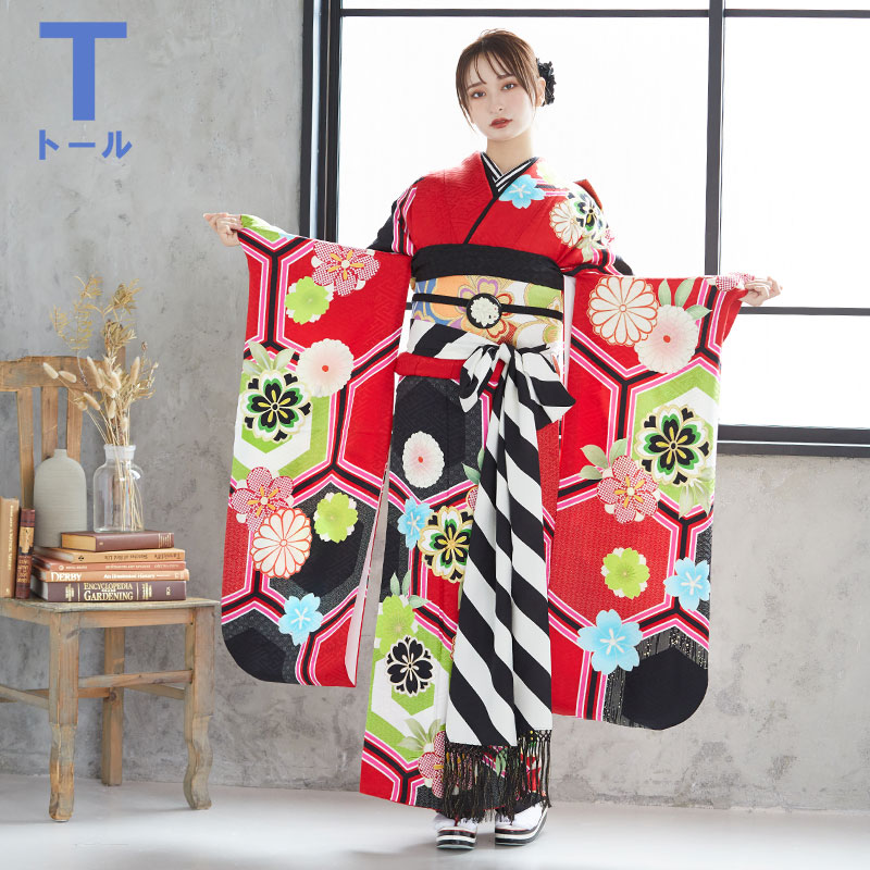 14-振袖◆振袖単品　正絹　成人式や着付け練習に！　中古品 振袖：R1774 赤 亀甲に桜梅菊☆（絹）（R1773）│ 振袖レンタル