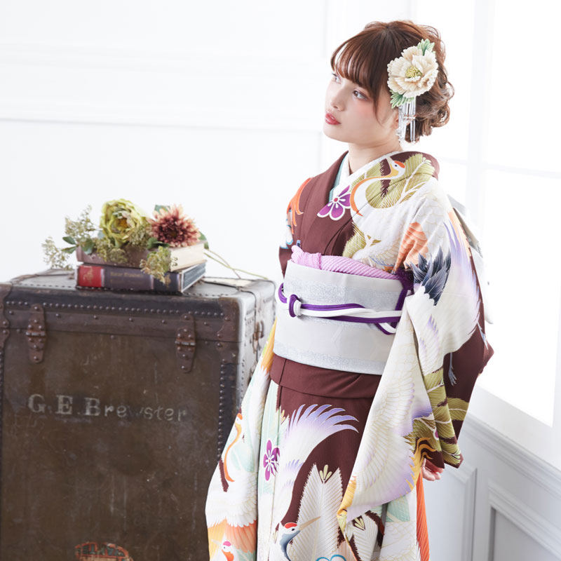 振袖：R1775 ジャパンスタイル 茶色 松鶴に梅│ 振袖レンタル │ 京都