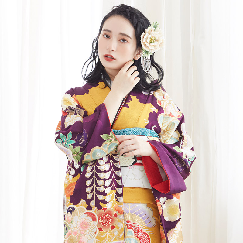 振袖：R1778 オレンジ×紫 松竹梅桜藤に鶴(絹)│ 振袖レンタル │ 京都