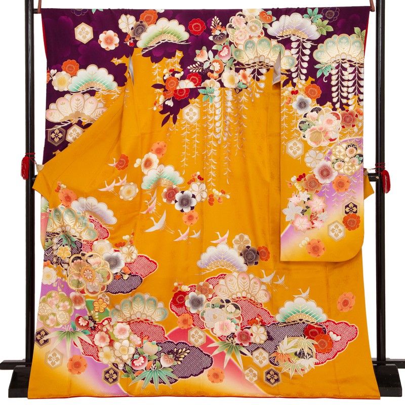 振袖：R1778 オレンジ×紫 松竹梅桜藤に鶴(絹)│ 振袖レンタル │ 京都