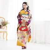 振袖：R1778 オレンジ×紫 松竹梅桜藤に鶴(絹)│ 振袖レンタル │ 京都