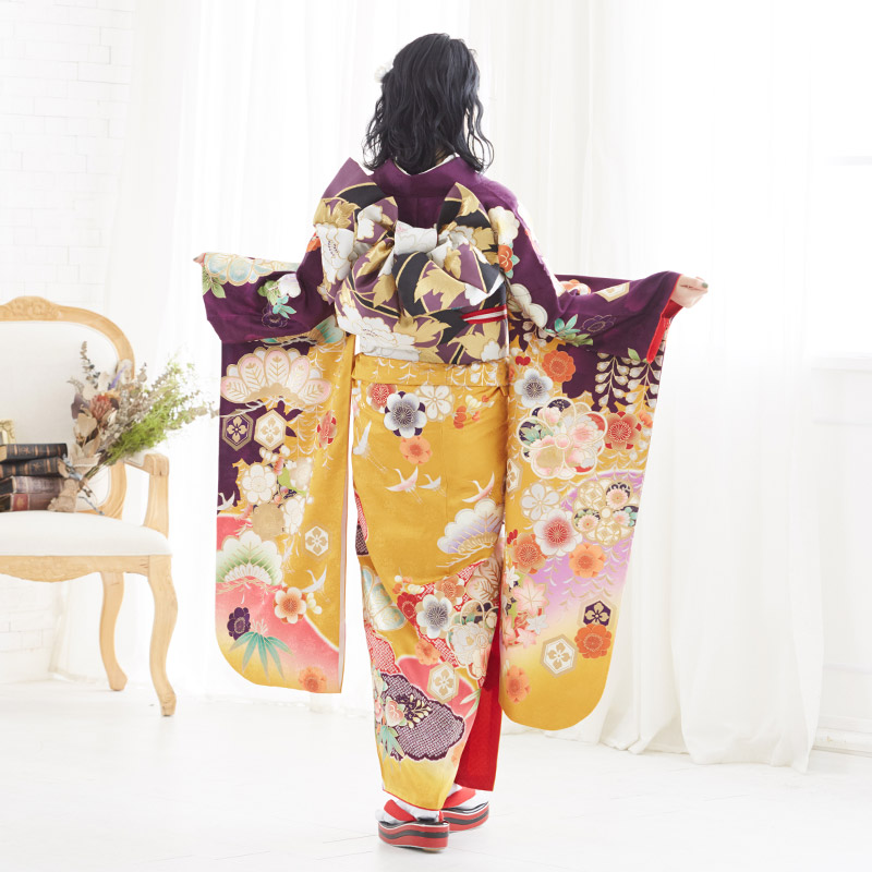振袖：R1778 オレンジ×紫 松竹梅桜藤に鶴(絹)│ 振袖レンタル │ 京都