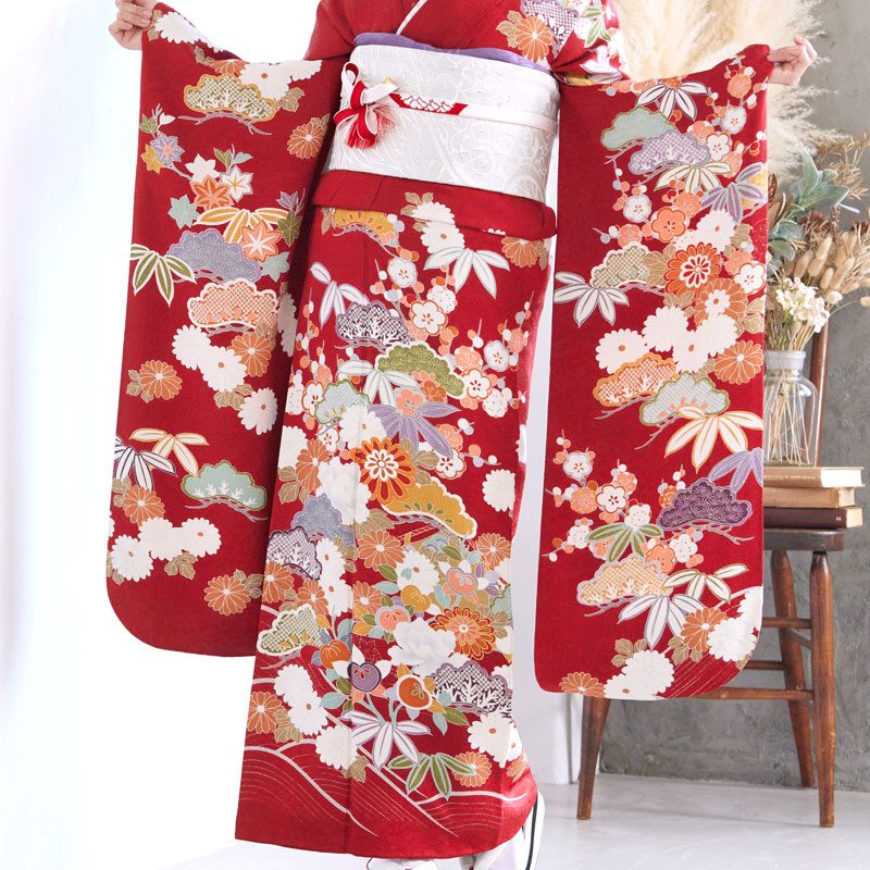 振袖：R1786 赤 松竹梅菊牡丹に幔幕☆(絹)│ 振袖レンタル │ 京都着物