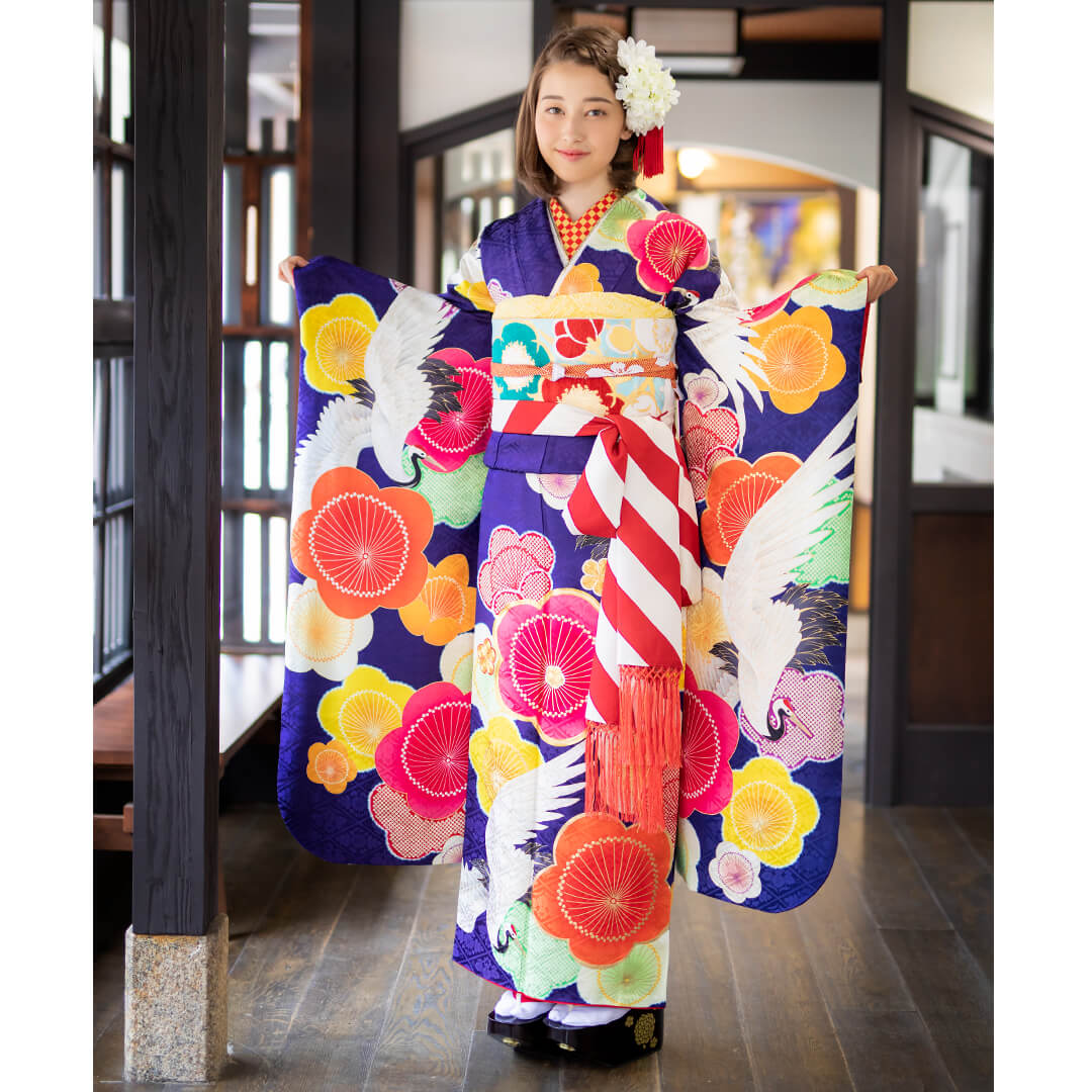 振袖：R1807 青紫 梅と飛び鶴(絹)☆│ 振袖レンタル │ 京都着物