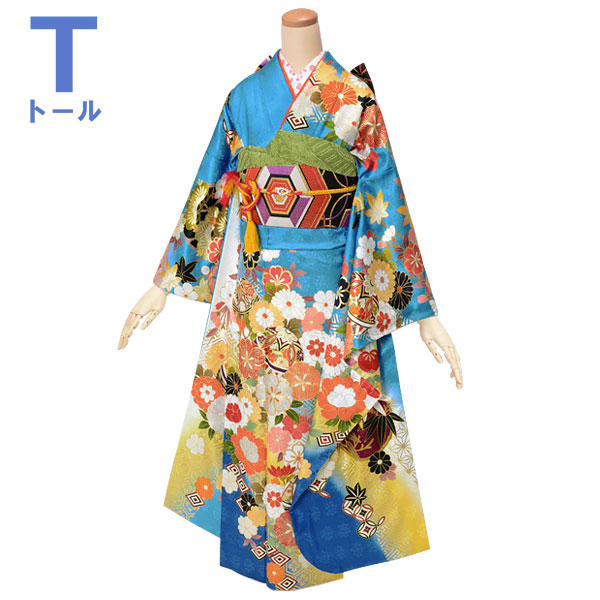 振袖：R1811 青×白 毬に桜菊梅松（絹）│ 振袖レンタル │ 京都着物