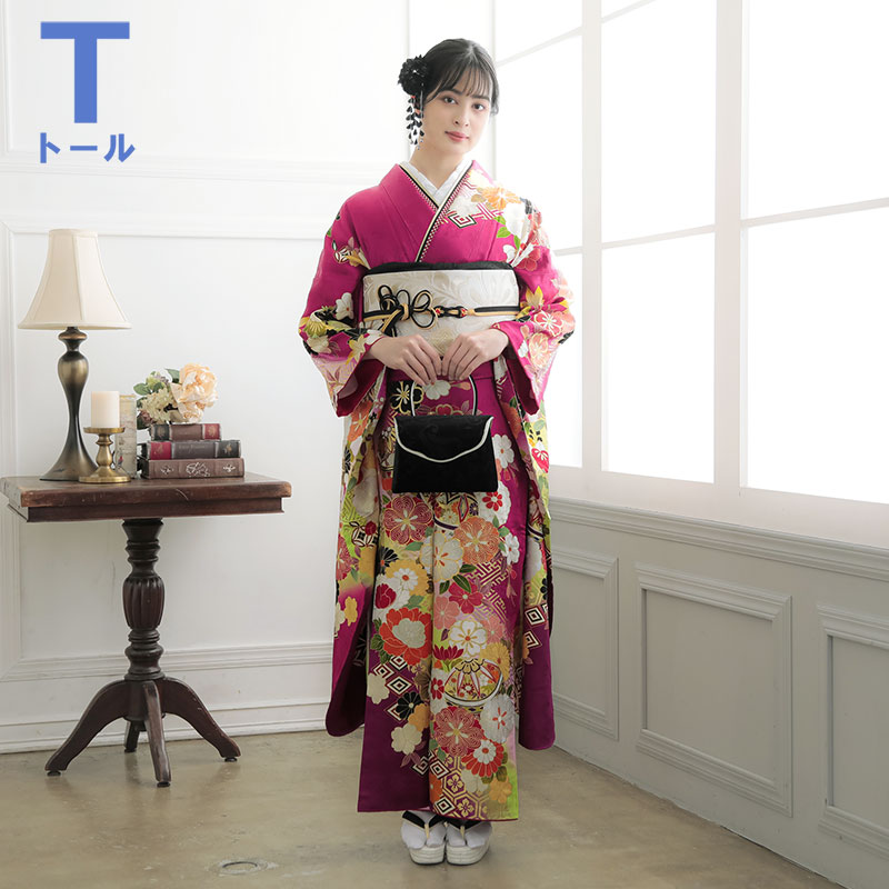 赤紫の正絹振袖 全て揃ったフルセット 草履 バッグ 着付け小物 着物・浴衣