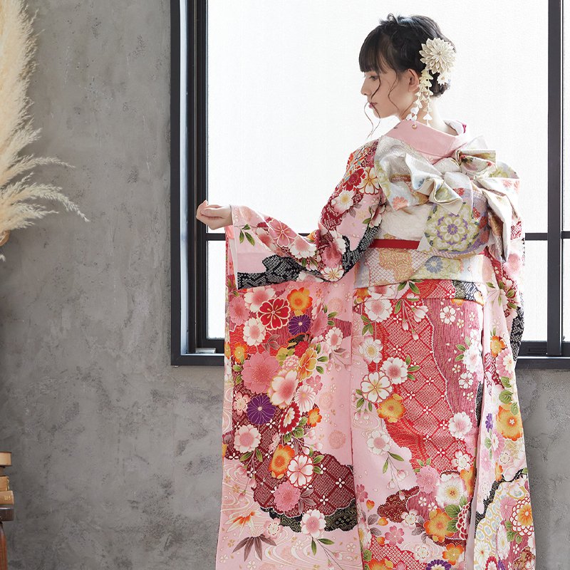 振袖：R1817 ピンク 桧扇に花（絹）│ 振袖レンタル │ 京都着物