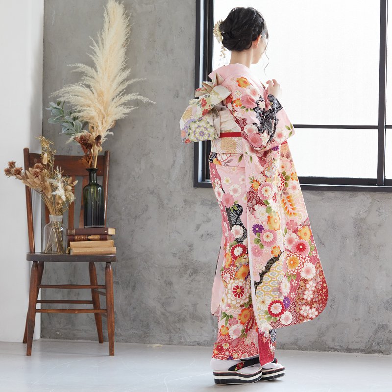 S R7SK1321 振袖+帯 2点セット 花 道長花鳥文 扇 ピンク ヘップバーンシュシュ ピンク ファー/ジャガード生地 リボン・キラキラ