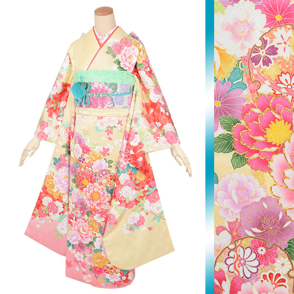 振袖：R1820 黄色 牡丹と雪輪☆（絹）│ 振袖レンタル │ 京都着物