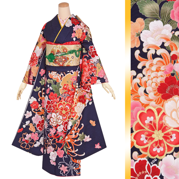 振袖：R1822 【訳あり】紺 雪輪桜に菊花☆(絹)(R1242)│ 振袖レンタル
