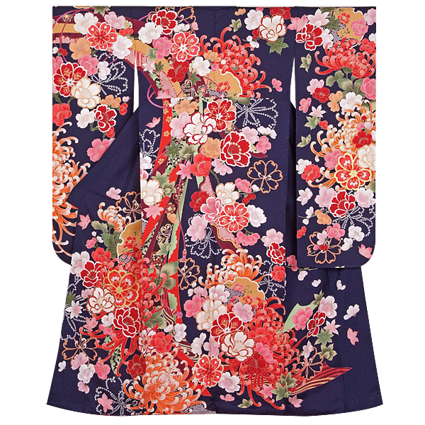 振袖：R1822 【訳あり】紺 雪輪桜に菊花☆(絹)(R1242)│ 振袖レンタル
