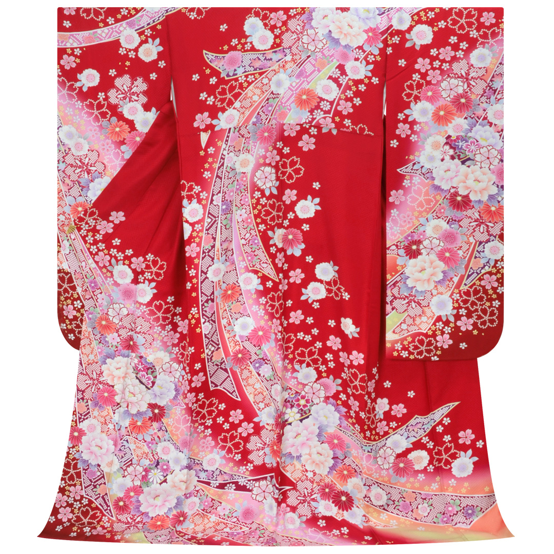 振袖：R1836 赤 毬と花々(絹)│ 振袖レンタル │ 京都着物レンタル夢館