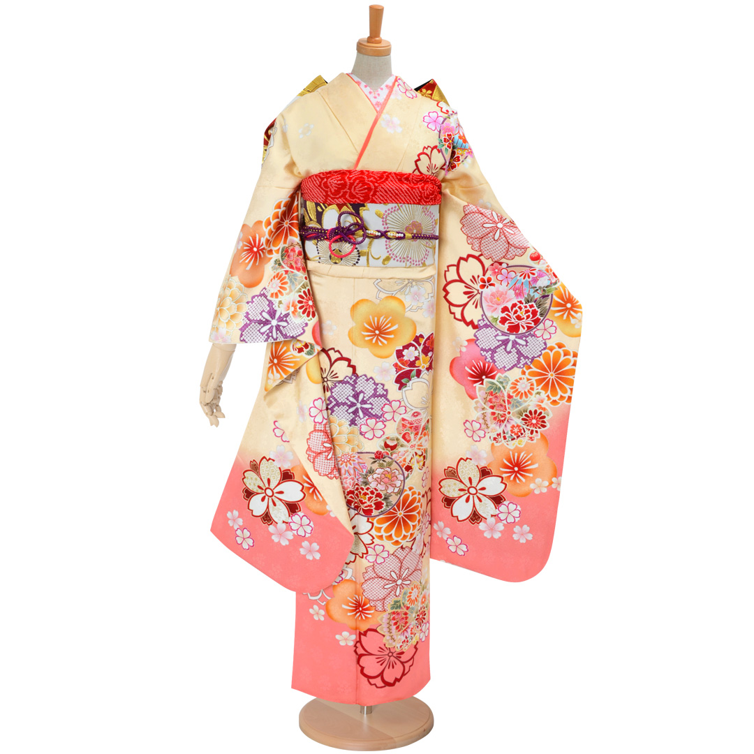 振袖：R1840 クリーム 桜菊梅に丸に花(絹)│ 振袖レンタル │ 京都着物