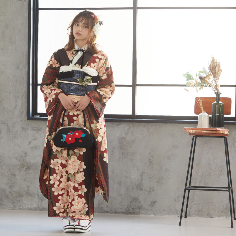 振袖：R1850 【訳あり】茶 桜牡丹に藤(宅)(R651)│ 振袖レンタル