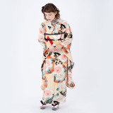 振袖：R1855 九重 クリーム色×橙 縦縞に桜と波の丸│ 振袖レンタル