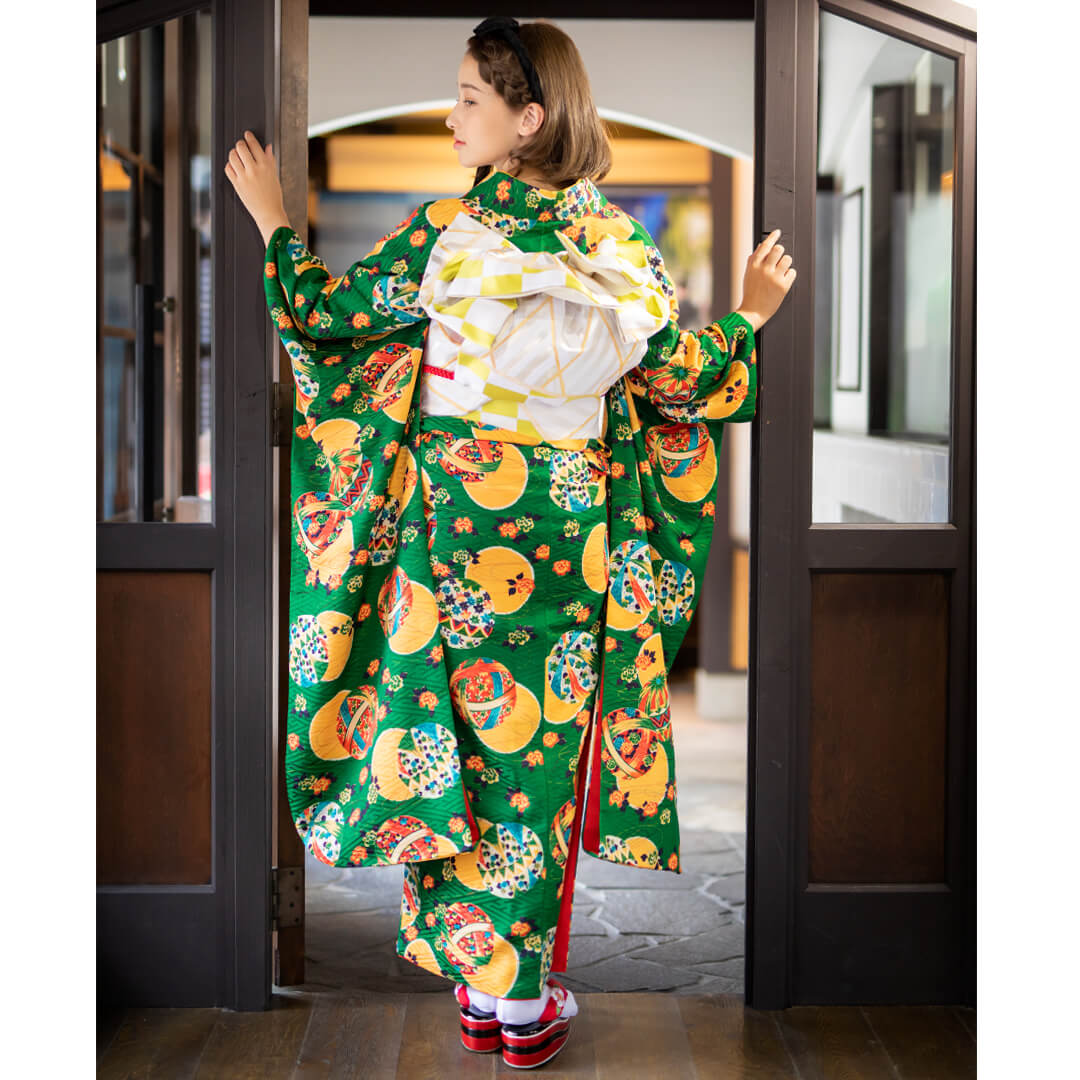 振袖セット【719】緑　オレンジ 着物レンタルひまりの振袖 /緑色/オレンジ色/レトロ/車柄/ 振袖 | My振袖