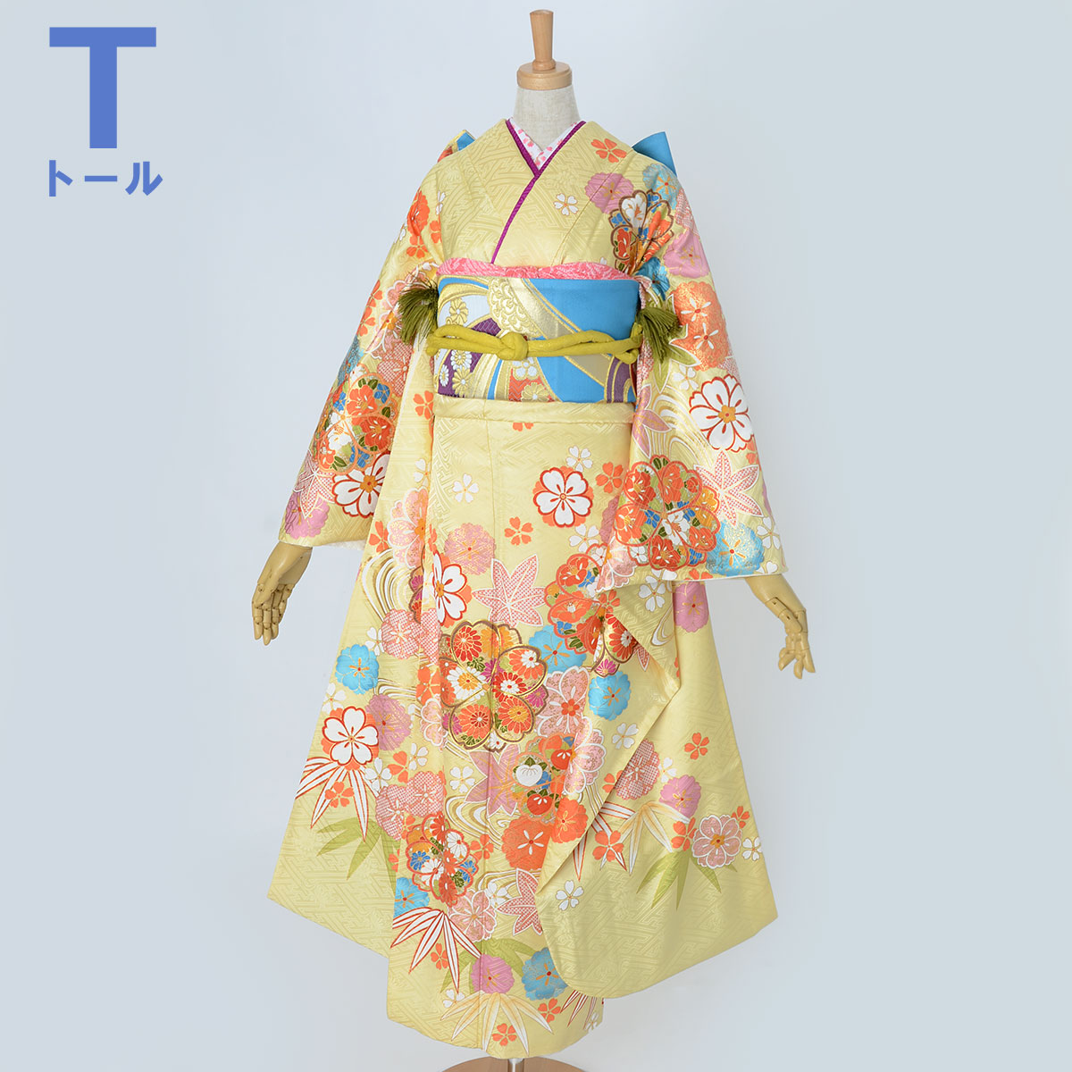 レアウ－ル着物　黄色生地に花柄 振袖：R1863 黄 桜楓流水文☆(絹)│ 振袖レンタル │ 京都着物レンタル夢館