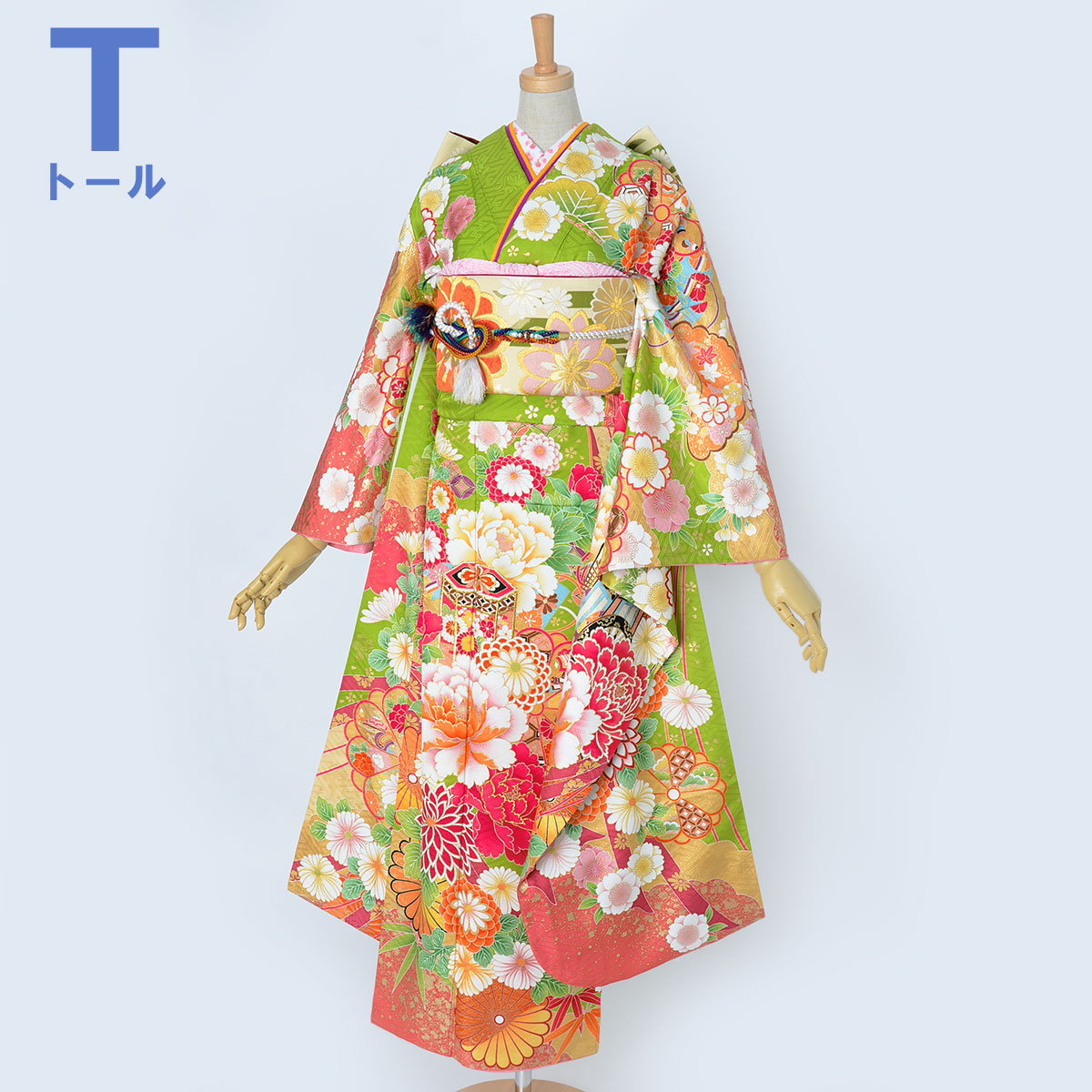 601z22,208y8,小物類〇紅型振袖 牡丹 菖蒲 菊 桜 緑 振袖：R1786 赤 松竹梅菊牡丹に幔幕☆(絹)│ 振袖レンタル │ 京都着物